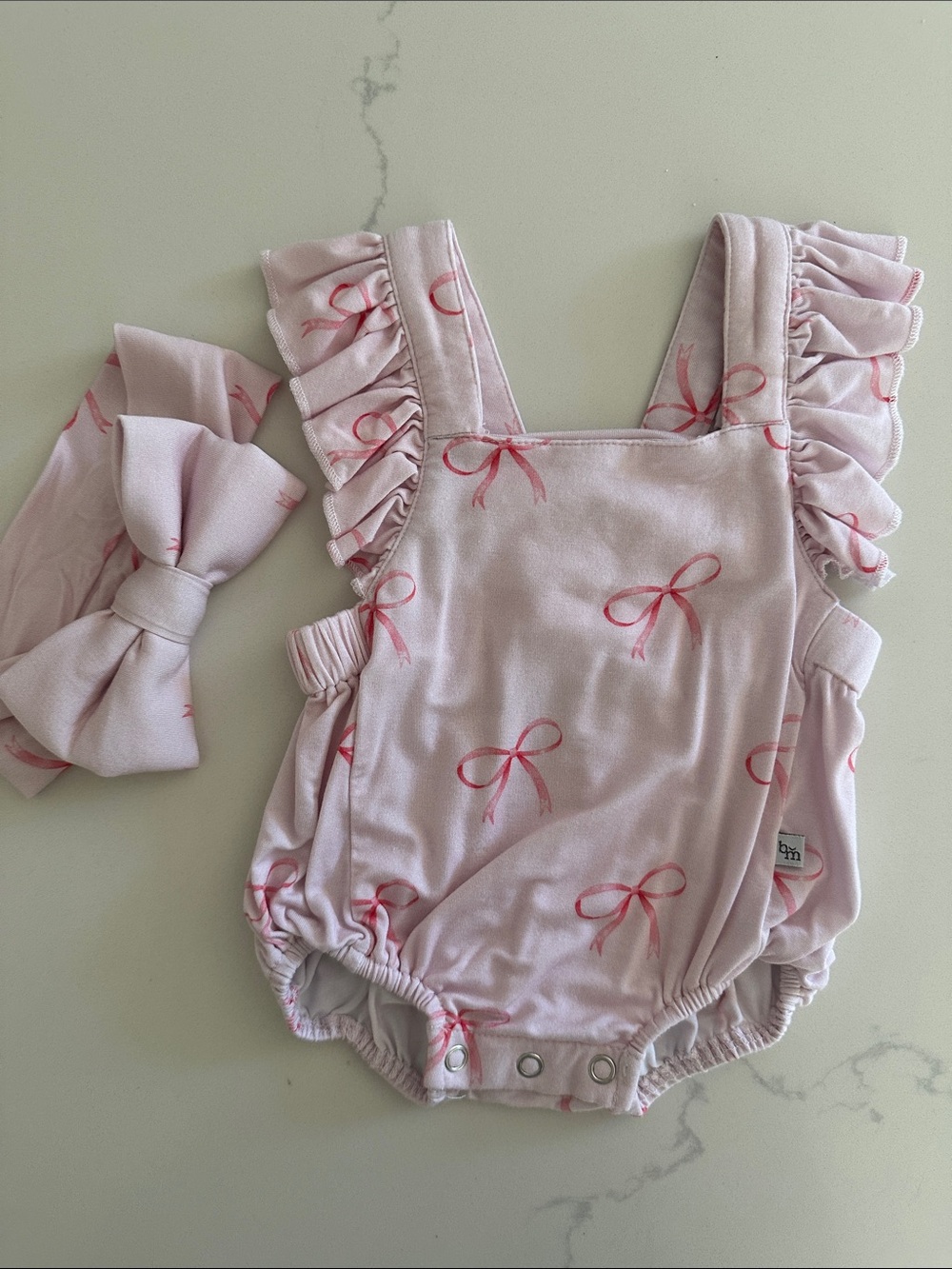 Baby Pink Bow Ruffle Romper with Headband